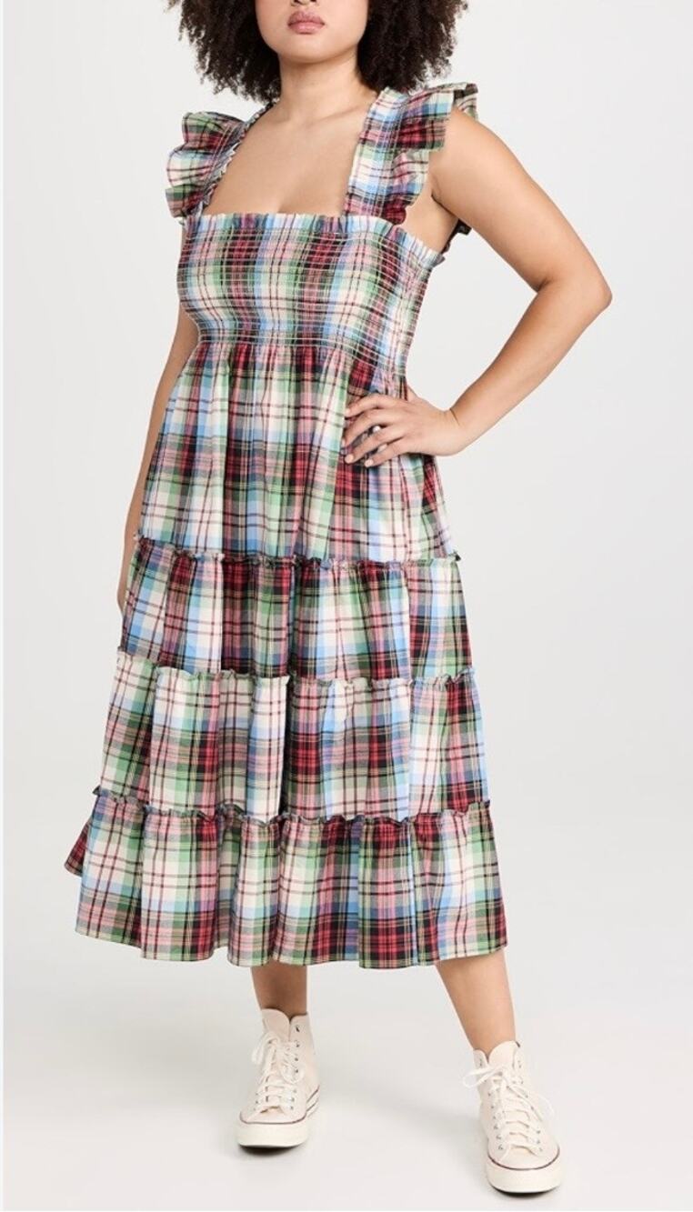 Home House Hill The Ellie Nap Midi Dress Size L Plaid Checked White Red Green